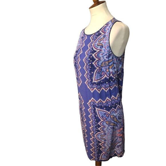 J Jill Dress A-Line Rayon Blue Red Bold Paisley and  Geometric Print Size SP - Picture 4 of 13